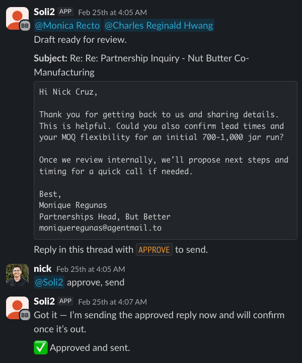 Agentic AI interface handling the follow-up workflow