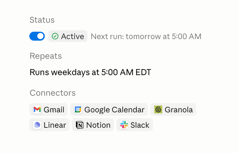 Daily briefing routine output across multiple apps