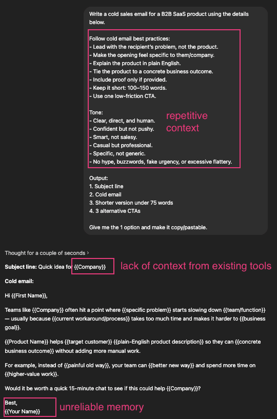 Chat-based prompt and output screenshot highlighting repetitive context, missing context from tools, and unreliable memory