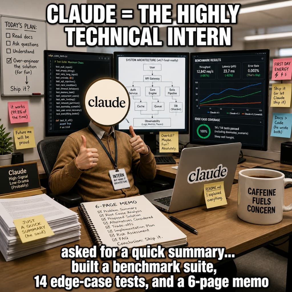 Humorous illustration labeled Claude as the highly technical intern: cluttered desk with monitors showing tests and benchmarks, caption about asking for a summary and receiving benchmarks, edge-case tests, and a long memo