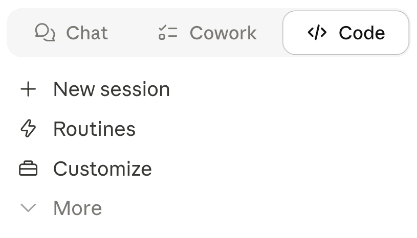 Claude desktop AI with Chat, Cowork, and Code tabs—Code mode selected, showing session shortcuts