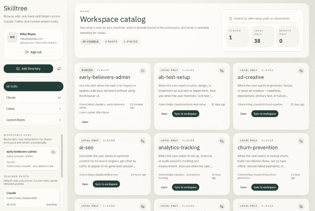 Skilltree desktop app: sidebar, workspace catalog with skill cards, sync and local-only status, Claude and Codex roots
